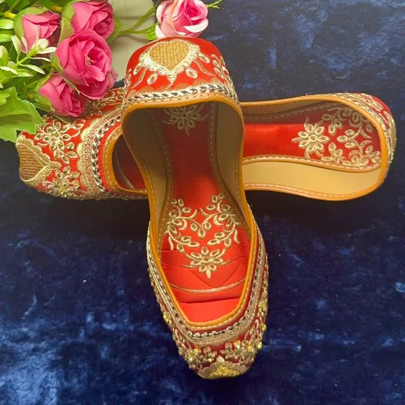 Handcrafted Velvet Punjabi Jutti – Red & Gold Bridal Khussa with Zari Embroidery & Sequin Detail | Traditional Ethnic Flat Mules