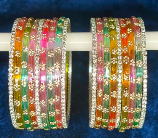 Sparkling Floral Rhinestone Bangle Pair, Multi-Color Stackable Party Wear Bracelet Set for Women and Girls