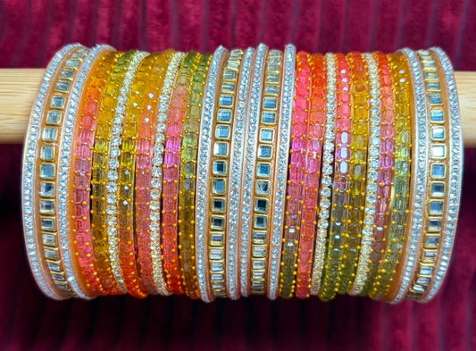 Sunset Tone Crystal Rhinestone & Square Accent Bangle Set, Stackable Party Wear Bracelet Collection for Women and Girls