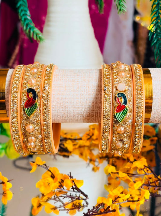 Women's Traditional Enamel Peacock Bangle Bracelet Set, Gold-Tone Faux Pearl Acrylic Wrist Jewelry, Ethnic Rhinestone Statement Accessories