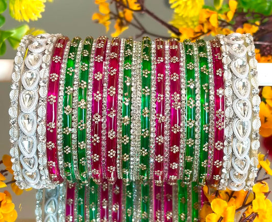 Multi-Piece Women's Pink & Green Acrylic Bangle Set, Silver-Tone Faux Crystal Rhinestone Stackable Wrist Jewelry, Traditional Ethnic Accessories