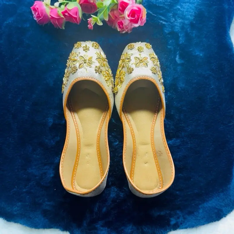 Leather Gold Floral Dream Mules | Hand-Embroidered Ethnic Flats for Weddings & Parties | Comfortable Sparkly Juttis