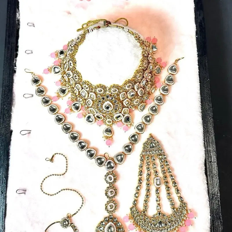 Pink Traditional Maroon & Gold Kundan Bridal Set Heavy Choker Jhumka Earrings Maang Tikka Passa and Nath Full Dulhan Jewelry Collection