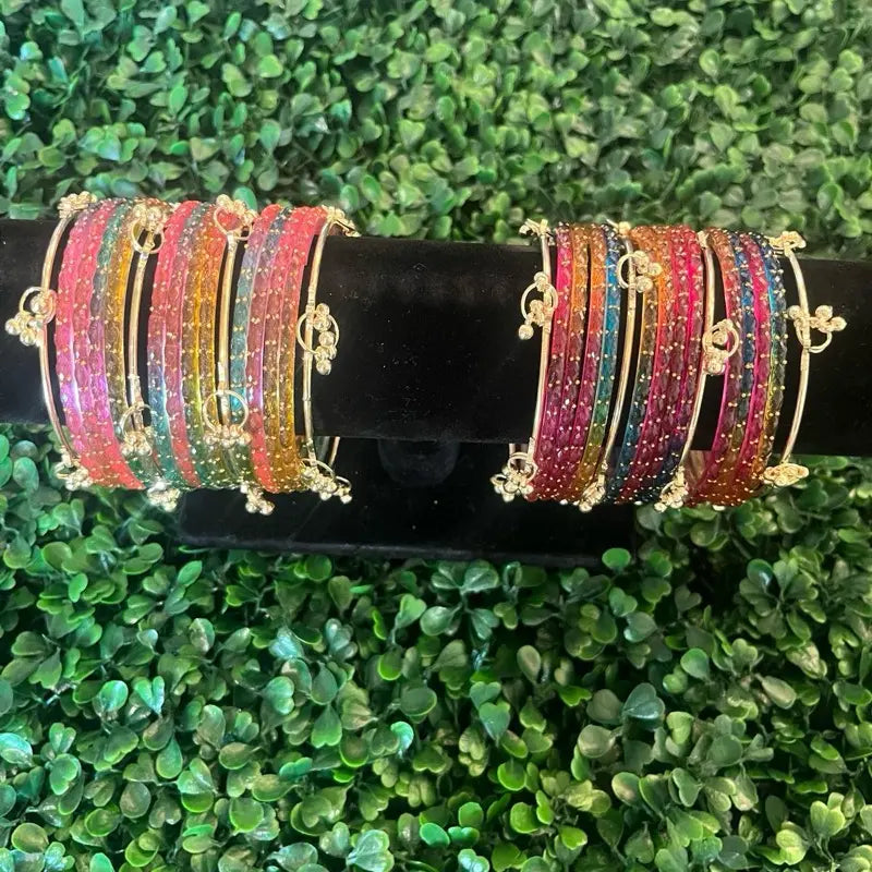 Vibrant Style Set: 12 Kashmiri Glass Bangles & 4 Gold-Tone Accent Pieces