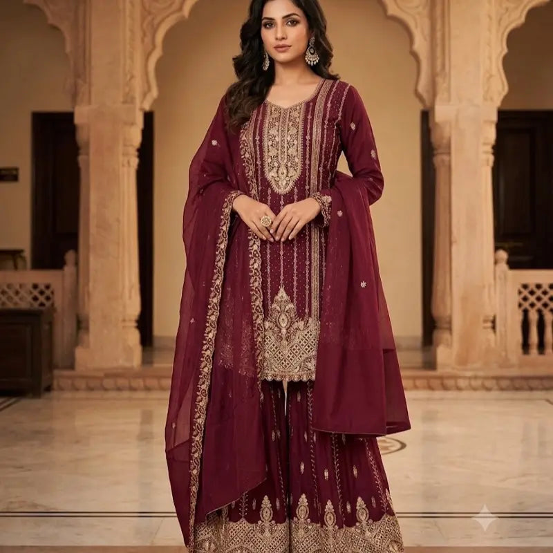 Heavy Embroidered Fersi Salwar Suit Designer 3pc Sharara Set (Size 46) | Luxury
