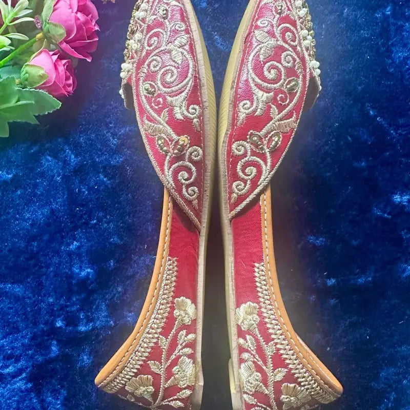 Handmade Embroidered Red Khussa for Women | Traditional Punjabi Jutti | Festive Wedding & Party Wear Ethnic Flats