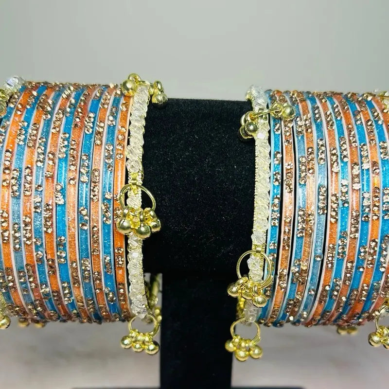 28pc Indian Bridal Bangle Set with 4 Kashmiri Ghungroo Kadas & 24pc Crystal Metal Bangles - Size 2.8 | Traditional Wedding Chura Jewelry