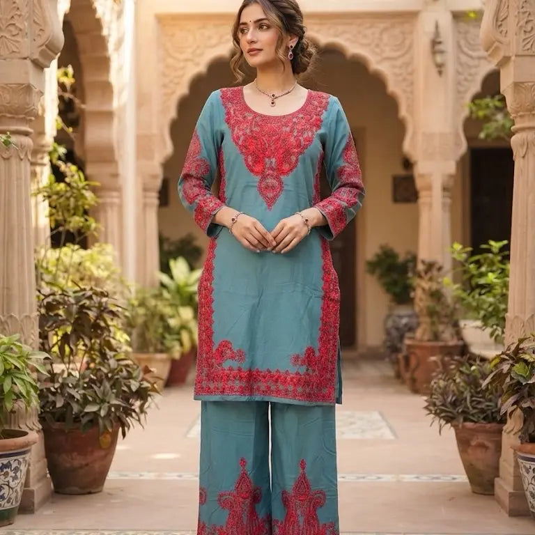Women's 2-Piece Embroidered Kurta Set | Ferozi Festive Outfit (Size 38, Length 40")