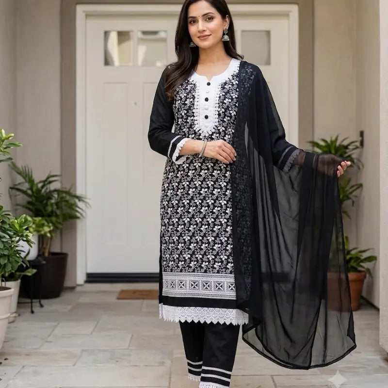Premium 3-Piece Salwar Kameez Set | Traditional Embroidered Chikankari Kurti with Pant & Dupatta | Elegant Casual & Festive Ethnic Wear for Women