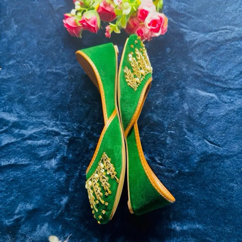 Handmade Velvet Green Bridal Jutti - Traditional Punjabi Khussa with Gold Zardosi Embroidery - Ethnic Wedding Flats