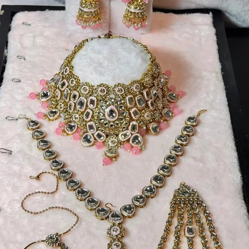 Pink Traditional Maroon & Gold Kundan Bridal Set Heavy Choker Jhumka Earrings Maang Tikka Passa and Nath Full Dulhan Jewelry Collection