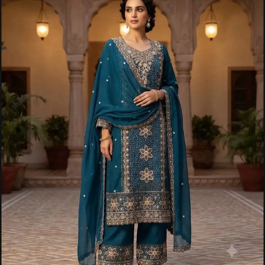 Heavy Embroidered Fersi Salwar Suit Designer 3pc Sharara Set (Size 44) | Luxury Ethnic Wear for Weddings, Festivals & Party