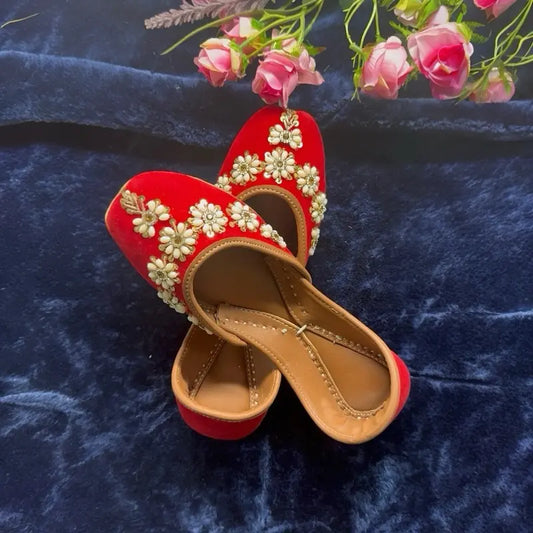 Handmade Velvet Bridal Mojaris - Elegant Red & Gold Traditional Footwear