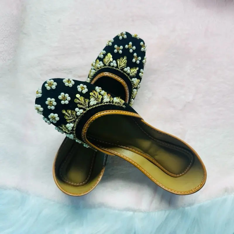 Handmade Velvet Punjabi Juttis - Black & Gold Pearl Embellished Mojaris | Traditional Indian Wedding & Party Wear Flats