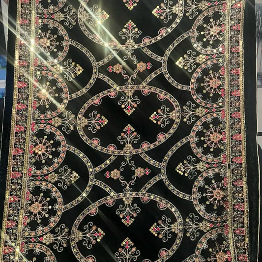 Luxury Black Velvet Embroidered Shawl | Elegant Zardosi Work Bridal Dupatta | Wedding Evening Wrap