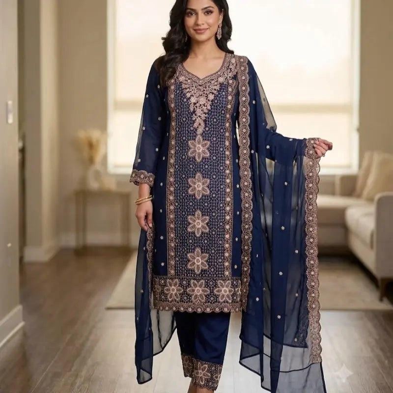 Heavy Embroidered Fersi Salwar Suit Designer 3pc Sharara Set (Size 44) | Luxury Ethnic Wear for Weddings, Festivals & Party