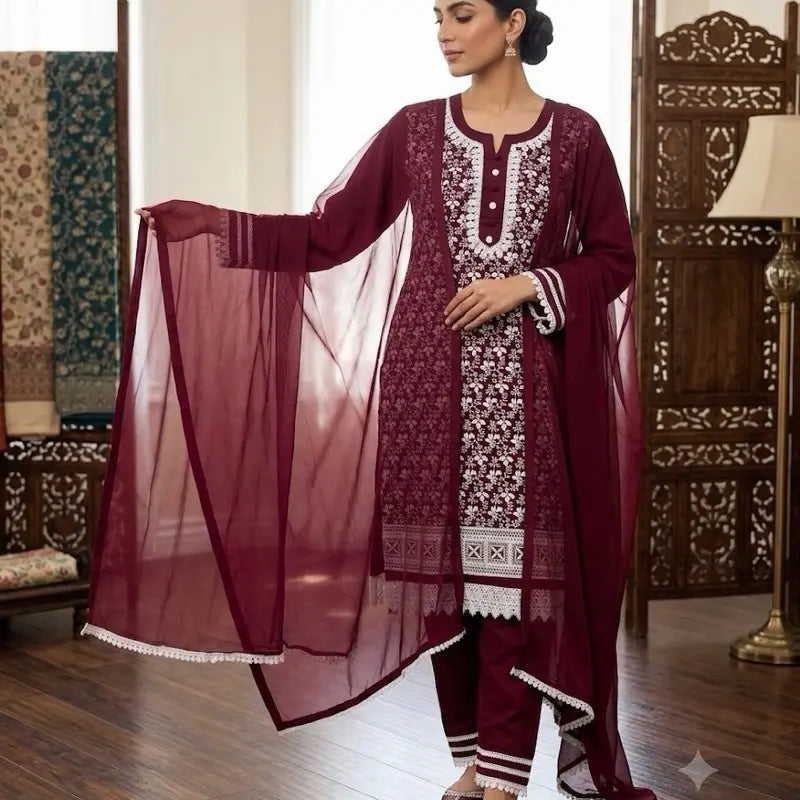 Premium 3-Piece Salwar Kameez Set | Traditional Embroidered Chikankari Kurti with Pant & Dupatta | Elegant Casual & Festive Ethnic Wear for Women