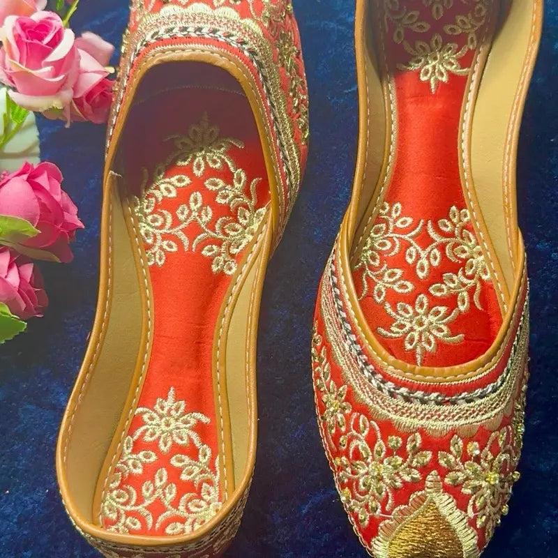 Handcrafted Velvet Punjabi Jutti – Red & Gold Bridal Khussa with Zari Embroidery & Sequin Detail | Traditional Ethnic Flat Mules