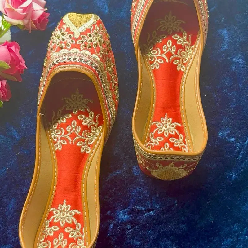 Handcrafted Velvet Punjabi Jutti – Red & Gold Bridal Khussa with Zari Embroidery & Sequin Detail | Traditional Ethnic Flat Mules