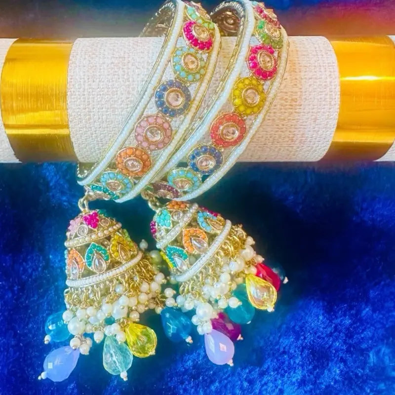 2pcs set Handmade Kundan & Multi-Color Stone Kada Bangles with Jhumka Latkan | Traditional Ethnic Bridal Jewelry Set
