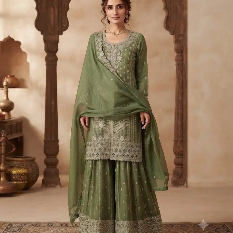 Luxury Embroidered Silk Sharara Set | Traditional 3-Piece Indian Pakistani Ethnic Wear | Elegant Festive Salwar Kameez Suit with Dupatta for Women Size 46