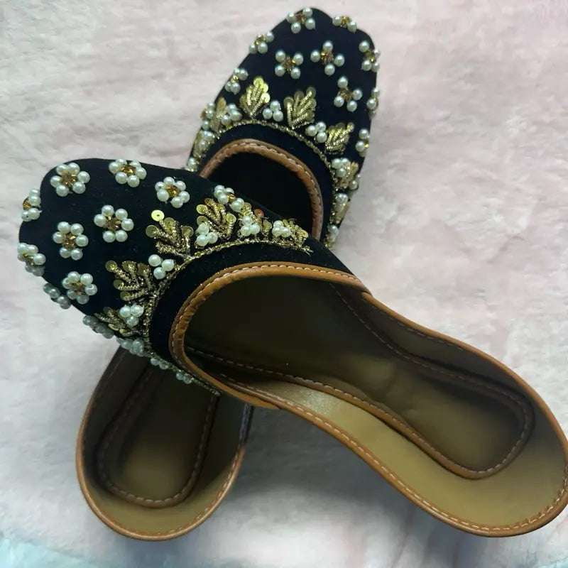 Handmade Velvet Punjabi Juttis - Black & Gold Pearl Embellished Mojaris | Traditional Indian Wedding & Party Wear Flats