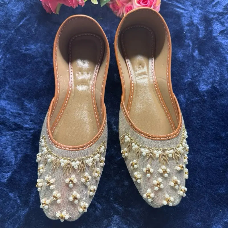 Handcrafted Pearl Embellished Punjabi Juttis | Bridal & Festive Wear Bronze