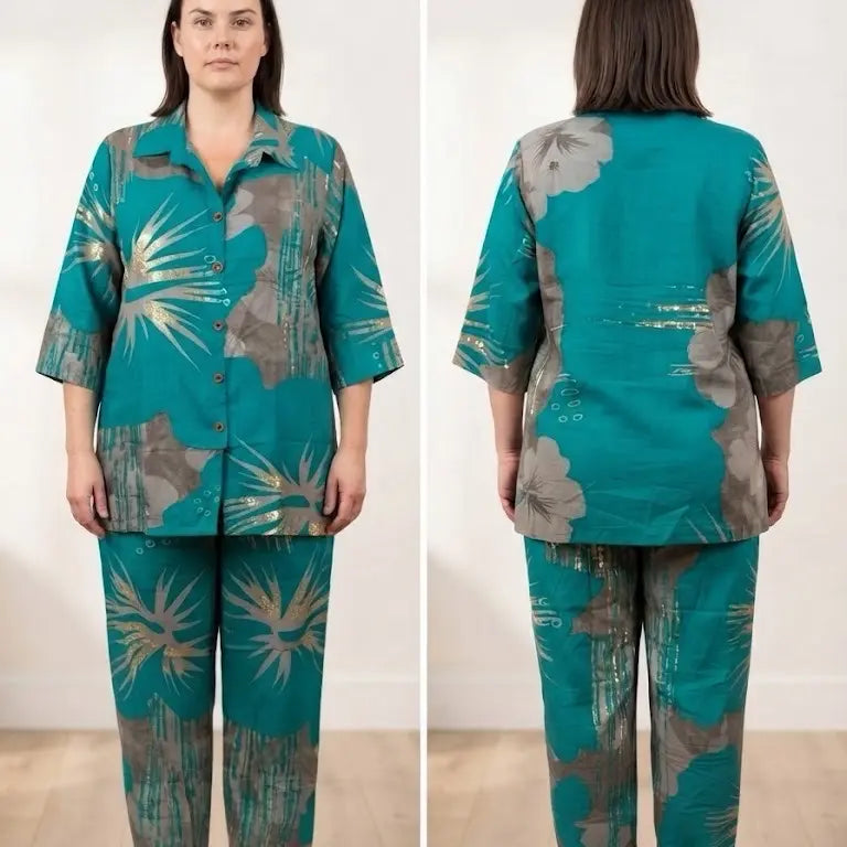 Women’s Red Printed 2Pc Co-Ord Set Size 44 Button Shirt Matching Pants