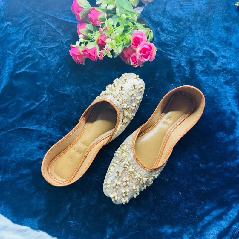 Handcrafted Pearl Embellished Punjabi Juttis | Bridal & Festive Wear Bronze