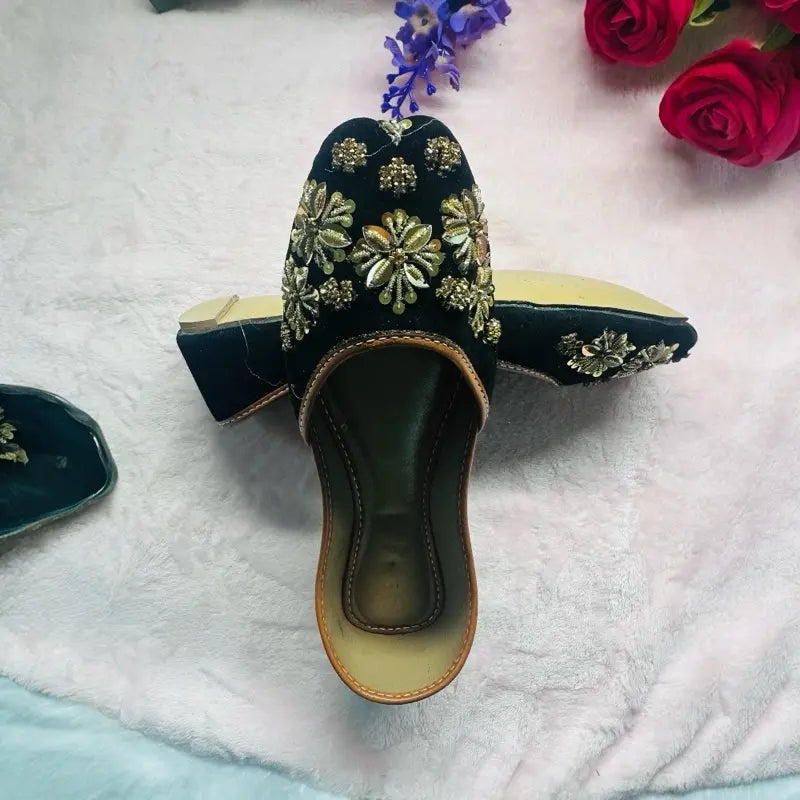 Handmade Black & Gold Embroidered Punjabi Jutti | Traditional Indian Ethnic Khussa Flats | Wedding & Festive Wear Shoes
