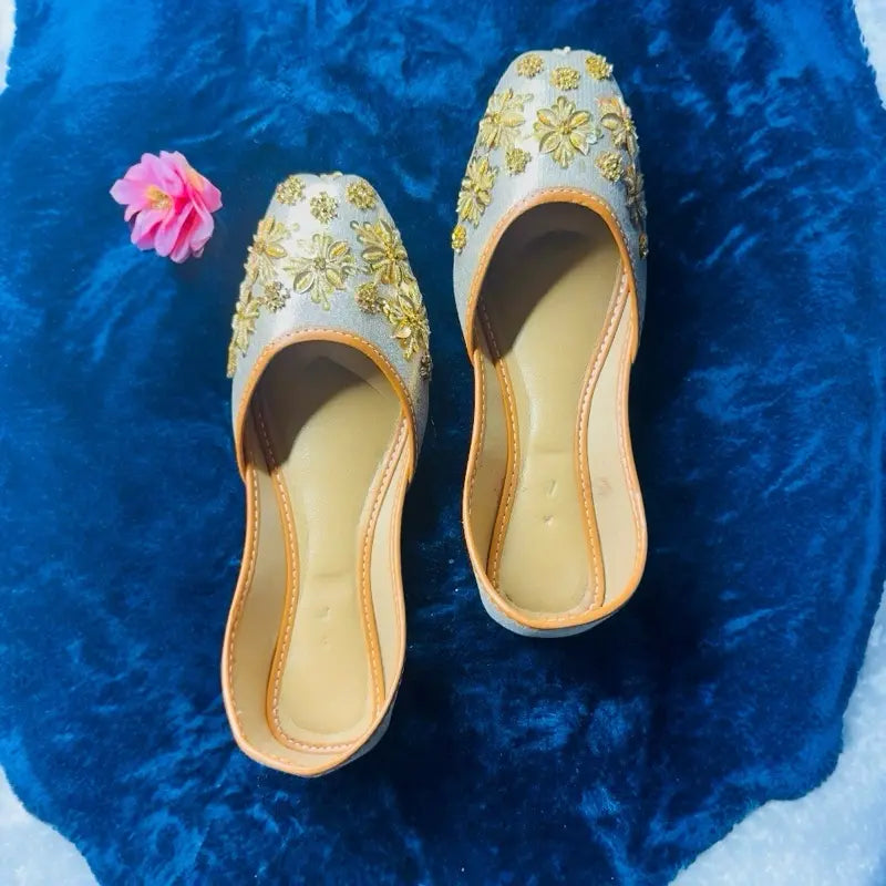Leather Gold Floral Dream Mules | Hand-Embroidered Ethnic Flats for Weddings & Parties | Comfortable Sparkly Juttis