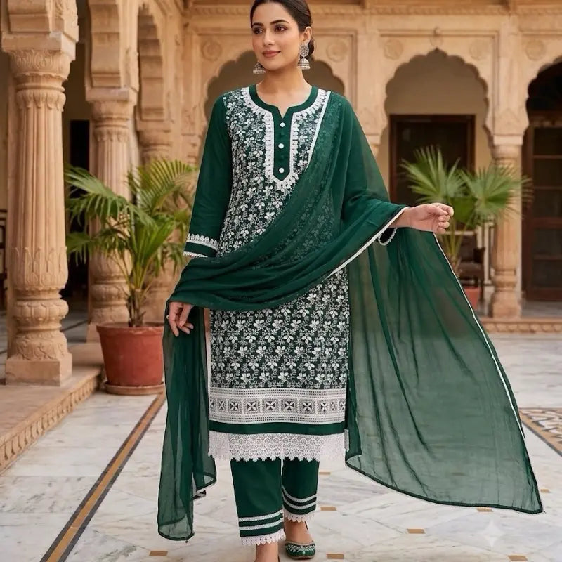 Premium 3-Piece Salwar Kameez Set | Traditional Embroidered Chikankari Kurti with Pant & Dupatta | Elegant Casual & Festive Ethnic Wear for Women