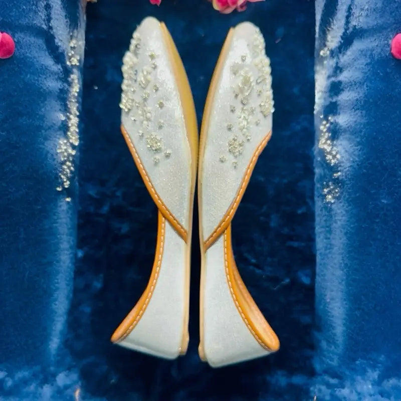 Handmade Pearl Embellished Khussa - Luxury White Bridal Jutti Flat Shoes for Weddings & Parties