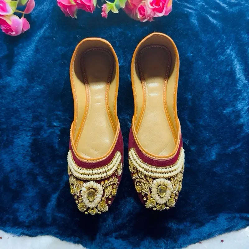 Handcrafted Maroon Velvet Punjabi Jutti – Embroidered Bridal Mojari with Pearls & Zari Work – Ethnic Traditional Indian Wedding Footwear for Women