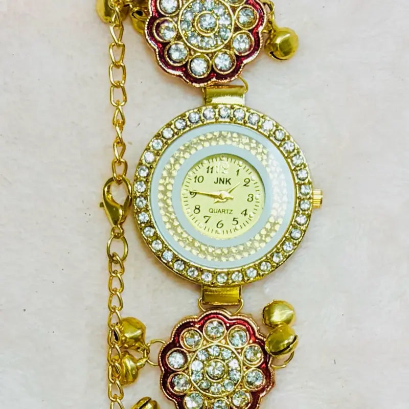 Kashmiri Ghungroo Bracelet Watch Collection - Traditional Design with Gold Chain and Pearl Accents
