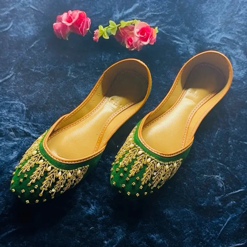 Handmade Velvet Green Bridal Jutti - Traditional Punjabi Khussa with Gold Zardosi Embroidery - Ethnic Wedding Flats