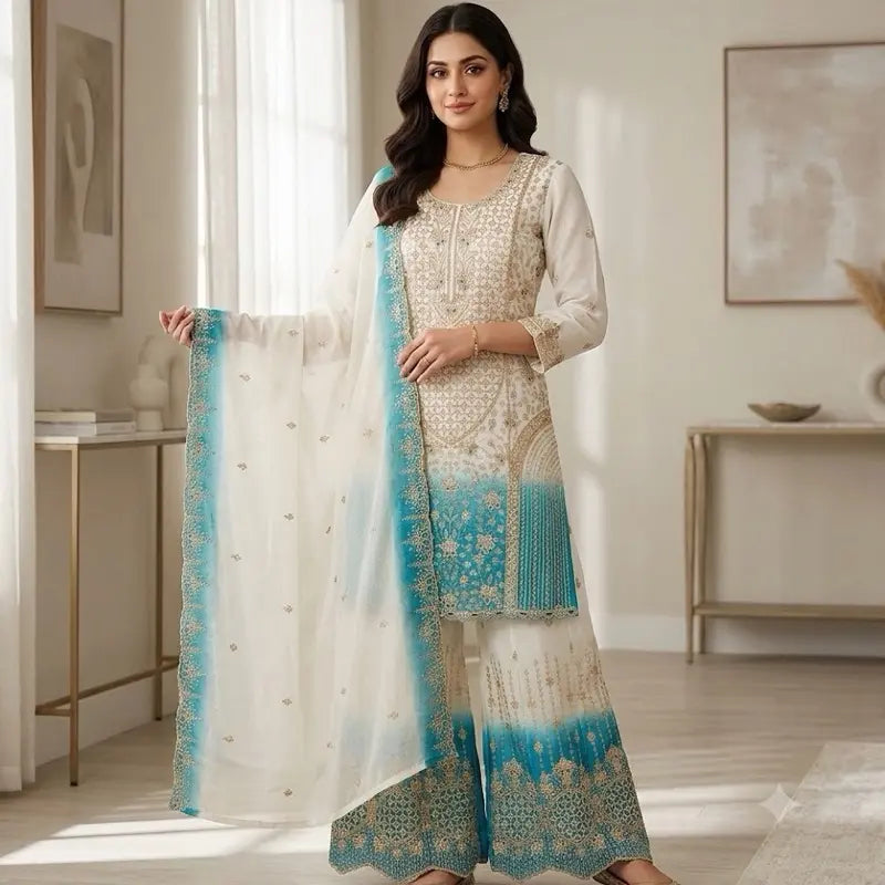 Luxury Embroidered Silk Sharara Set | Traditional 3-Piece Indian Pakistani Ethnic Wear | Elegant Festive Salwar Kameez Suit with Dupatta for Women Size 44