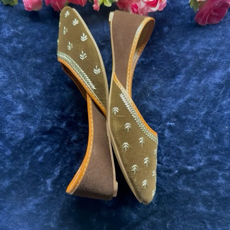 Handmade Brown Velvet Khussa Jutti - Elegant Embroidered Traditional Pakistani/Indian Ethnic Flats for Women - Formal Wedding & Party Wear