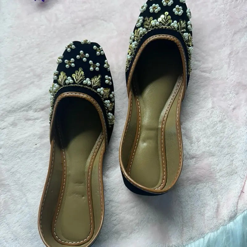 Handmade Velvet Punjabi Juttis - Black & Gold Pearl Embellished Mojaris | Traditional Indian Wedding & Party Wear Flats