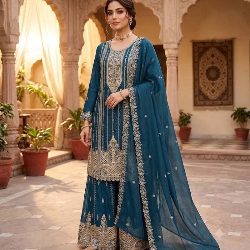 Heavy Embroidered Fersi Salwar Suit Designer 3pc Sharara Set (Size 46) | Luxury