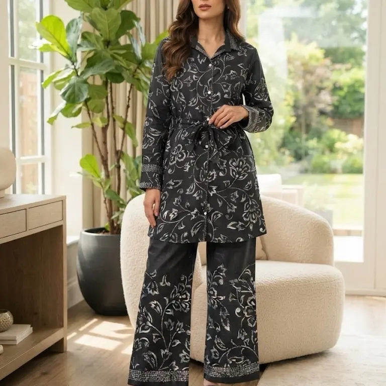 Elegant Onyx Botanical 2 Pc Coord Set XXL - Lightweight Long Shirt and Wide