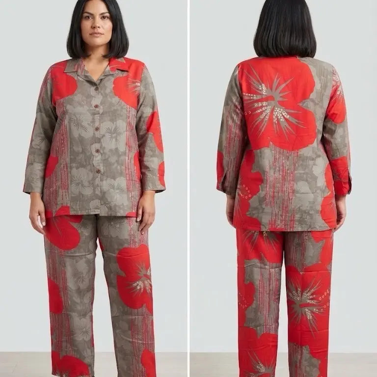 Women’s Red Printed 2Pc Co-Ord Set Size 44 Button Shirt Matching Pants