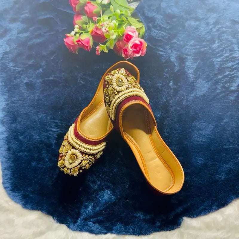 Handcrafted Maroon Velvet Punjabi Jutti – Embroidered Bridal Mojari with Pearls & Zari Work – Ethnic Traditional Indian Wedding Footwear for Women
