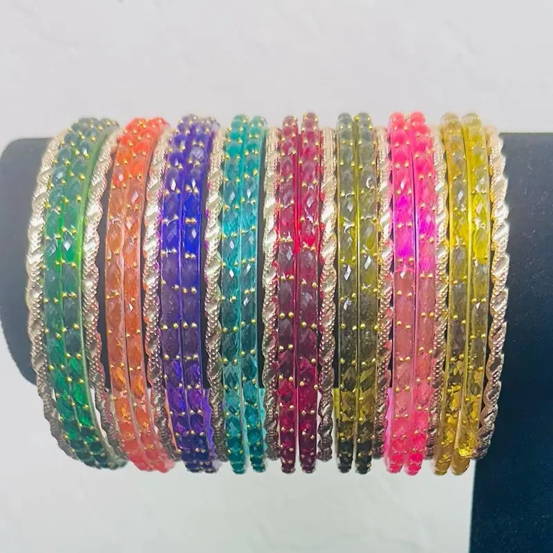 Vibrant Style Set: Kashmiri Glass Bangles & Gold-Tone Accent Pieces Size 2•10