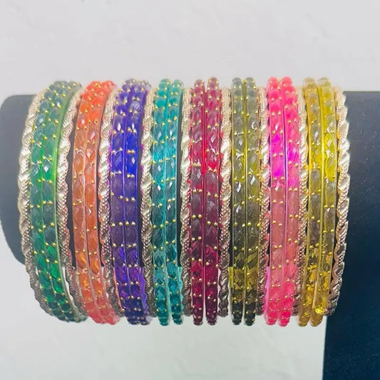 Vibrant Style Set: Kashmiri Glass Bangles & Gold-Tone Accent Pieces Size 2•10
