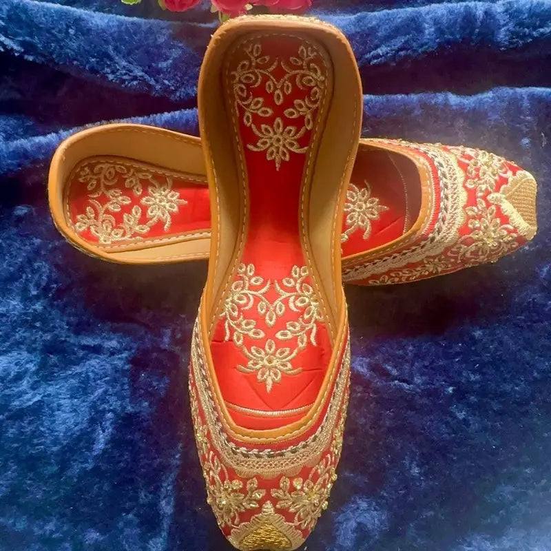 Handcrafted Velvet Punjabi Jutti – Red & Gold Bridal Khussa with Zari Embroidery & Sequin Detail | Traditional Ethnic Flat Mules