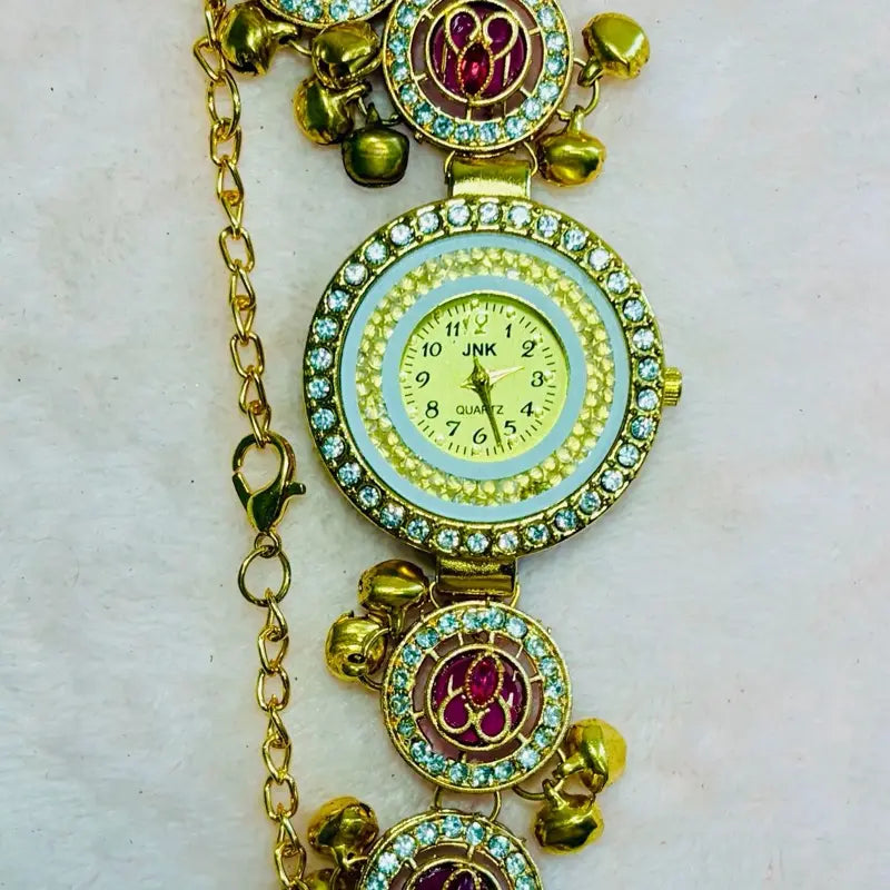 Kashmiri Ghungroo Bracelet Watch Collection - Traditional Design with Gold Chain and Pearl Accents