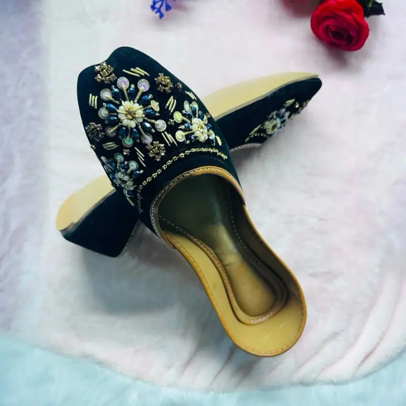 Vintage Glam Black Velvet Juttis | Premium Hand-Embroidered Ethnic Flats | Perfect for Weddings & Mehendi | Boho-Chic Traditional Footwear