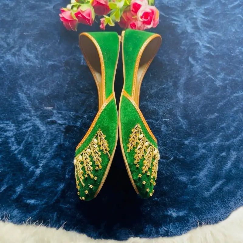 Handmade Velvet Green Bridal Jutti - Traditional Punjabi Khussa with Gold Zardosi Embroidery - Ethnic Wedding Flats
