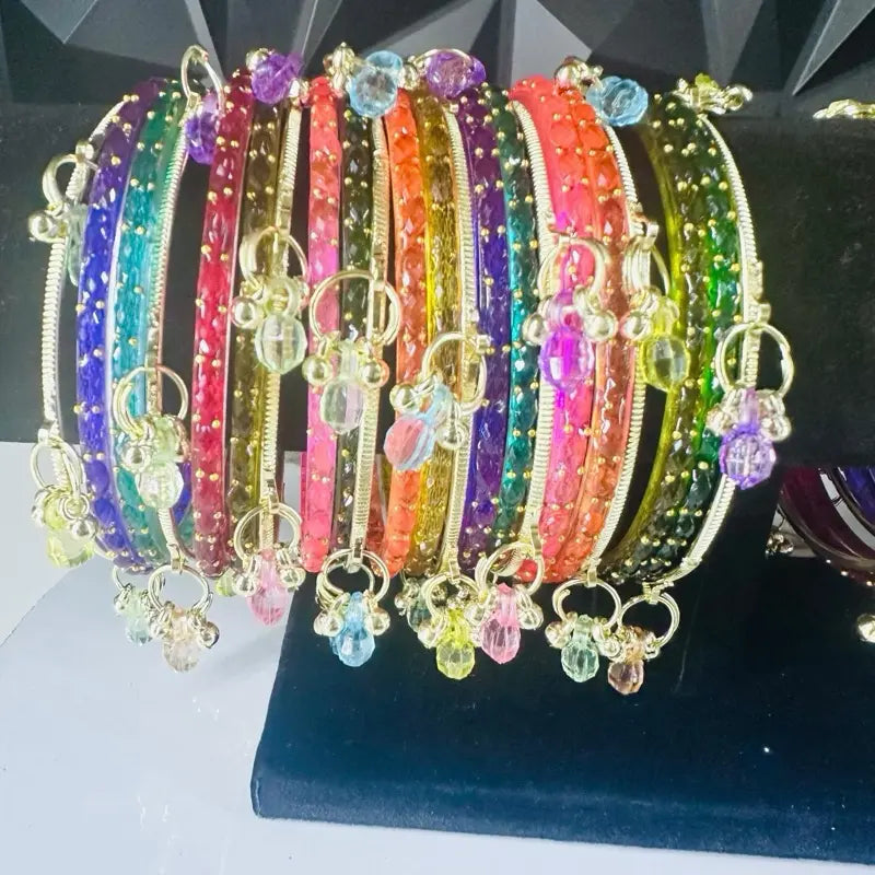 Vibrant Style Set: Kashmiri Glass Bangles & Gold-Tone Accent Pieces Size 2•10